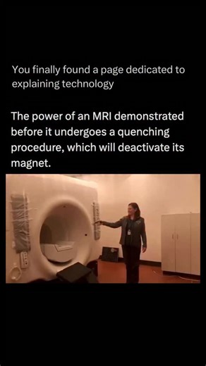 Technology Explained on Instagram: "Follow @explaining.tech to learn everything about technology one post at a time 🧠⚙️ Before an MRI (Magnetic Resonance Imaging) machine undergoes quenching—the intentional deactivation of its powerful magnet—it offers a dramatic demonstration of the sheer force it generates. The power comes from its main superconducting magnet, which is typically kept at a few degrees above absolute zero using liquid helium. This low temperature allows electrical current to fl