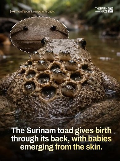 Fahad Khan on Instagram: "Frogs giving birth from their backs is a real and remarkable phenomenon best known in the Surinam toad (Pipa pipa). After mating, the female’s skin forms honeycomb-like pockets where fertilized eggs become embedded. Inside these pockets, the embryos develop safely over several months, protected from predators and environmental threats. Unlike most frogs, there is no free-swimming tadpole stage, as the young grow fully formed within the mother’s back. Eventually, tiny, i