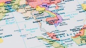 Premium stock video - Close-up of the country word thailand on a world map with the detailed name of the capital city