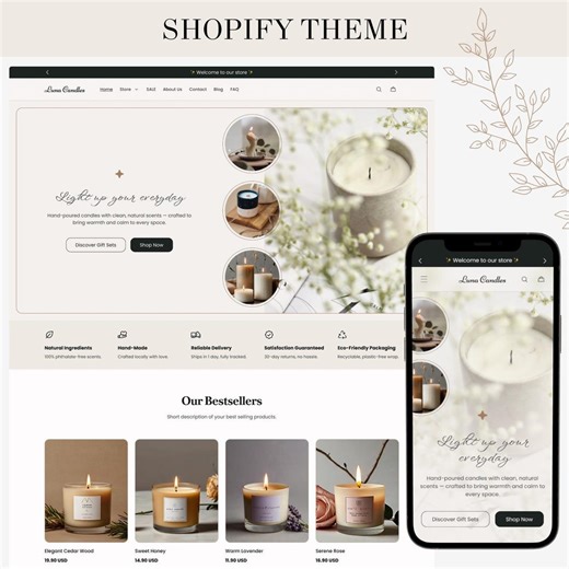 Minimal Shopify Theme Template, Candle Website, Handmade, DIY, Jewelry Boutique Shop Theme, Editable Responsive Shopify 2.0, Beige Design - Etsy