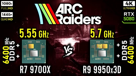 CPU Benchmark AMD Ryzen 7 9700X vs Ryzen 9 9950x3D in ARC Raiders (2025) with RTX 5080 - 1080p, 1440p, 2160p 4K 👇👇👇 information Look at what bonuses I offer to sponsors: https://www.youtube.com/channel/UCO346ZpBN8jnD0fsqgF2stA/join Voluntary donations for the channel: https://www.youtube.com/c/NeochannelNeochannel/about Timecode: 00:00 System configuration 00:20 Benchmark - DLSS Ultra perf. - R7 9700X vs R9 9950x3D 03:20 Results - DLSS Ultra perf 03:40 Benchmark - Epic | 1080p - R7 9700X vs R