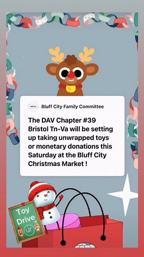 The DAV Chapter #39 and Auxiliary are taking unwrapped toys and monetary donations for their toy drive this Saturday November 22nd at the Bluff City Christmas Market! If you’d like to donate a toy etc. please drop by and see them at the entrance! #community #toydrive #townofbluffcitytn #bluffcitytn #helpingkids #christmas #christmasmarket | Bluff City Family Committee