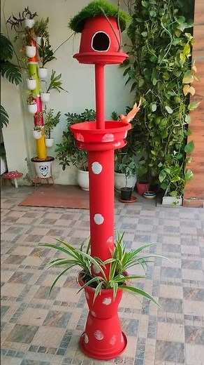 DIY Birdbath& Birdhouse from planters and PVC pipe budget friendly#garden decor#ideas #homedecor #👍🏻