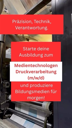 Deine Zukunft bei der Westermann Gruppe: on Instagram: "Starte deine Ausbildung zum Medientechnologen Druckverarbeitung (m/w/d) ! 📚 🗓️ 01.08.2026 📧 Bewerbung@westermanngruppe.de #westermann #deinezukunft #ausbildung #medien #druck"
