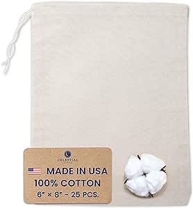 Celestial Gifts Muslin Bags with Drawstring 25pcs, 6x8 - Large Drawstring Bags Bulk - Drawstring Gift Bags for Party Favor and DIY Craft - 100% Cotton - Made in USA - (Natural Hem & Drawstring)