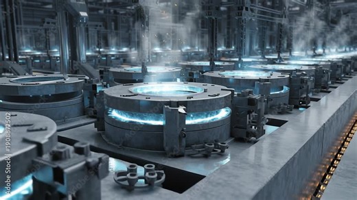 Industrial rare earth processing for high-tech production, automated clean manufacturing facilities with glowing mineral cores, advanced robotics and precision tools, realistic industrial textures