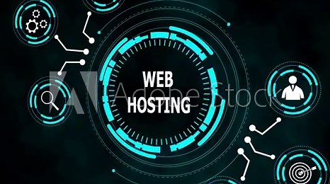 Futuristic web hosting interface with glowing cyan H U D elements and icons representing data. Futuristic digital network with web hosting icons. Business cloud shows global connection.