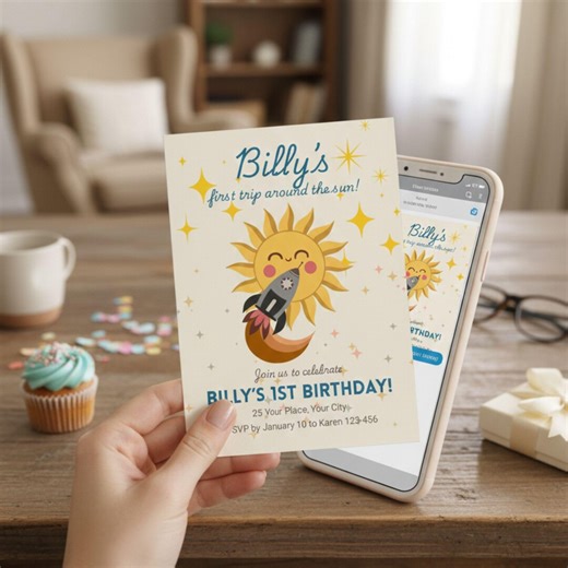 First Trip Around the Sun Birthday Invitation, Boho Outer Space Theme (editable Canva Template) - Etsy