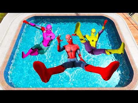 GTA 5 Rainbow yellow Vs Pink & Red Spiderman Jumping Into Pool (Euphoria Physics/Ragdolls) #1