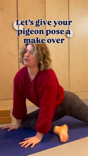 A recipe for opening your vision and lifting your spirit. 1) shin is parallel to the front of the mat and the foot is flexed like a bookend. Outer knee and shin are on the block ramp at the top. 2) plug down through the back leg and foot so the top of the foot is spread and anchored to the floor 3) no need to come on to the forearms stay upright gaze lifted and puff up your chest like a pigeon and feel your lungs move forward in your chest. 4). If you go for take off, lifting the arms over head