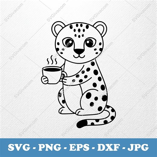 Baby Leopard With Coffee SVG | Puffy Vector Art | EPS PNG Dxf Clipart | Cricut Silhouette Cut File - Etsy