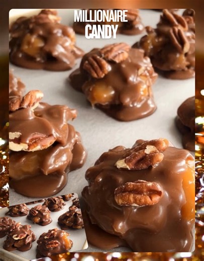 Millionaire Candy Ingredients: 2 tablespoons plus 1 cup butter, divided 2 cups evaporated milk 1 cup sugar 1 cup packed brown sugar 1 cup light corn syrup 1/8 teaspoon salt 4 cups chopped pecans 1 teaspoon vanilla extract 1 pound milk chocolate candy coating, melted Directions: Prepare Baking Sheets: Grease four baking sheets with 2 tablespoons butter. Set aside. Cook Candy Base: In a large heavy saucepan, combine the evaporated milk, granulated sugar, brown sugar, corn syrup, salt, and remainin