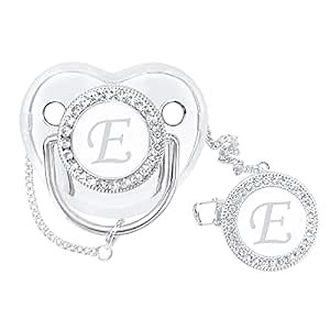 Bling Baby Pacifier with Pacifier Clips BPA Free and Anti-dust Cover Silver A-Z(Silver) (E, Silver)