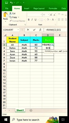 RANK Formula in Excel — Rank Numbers from Highest to Lowest Automatically! #excel #shorts