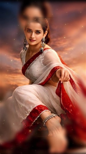 Trending Gemini Ai Prompt 🥰💕🥰 PROMPT 👇 Ultra-realistic cinematic Bollywood poster. Young woman slightly bending gracefully, delicately lifting the edge of her red-white sheer net saree. Elegant feminine posture, soft wrist curve, subtle waist twist. Long traditional silver jhumka earrings. Payal visible on feet. Camera angle slightly low, shallow depth of field, 85mm lens look. Focus subtly drawn toward her feet while keeping face softly sharp. Backgrond dramatic twilight sky blending pink, 