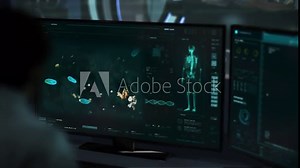 Scientist Observes Paramecium Research In Microscope Equipment Interface. High Tech Microscope For Paramecium Microorganism Research. Microscope Analysis Of Paramecium For Biology Science Research