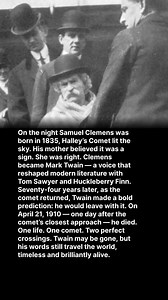 On the night Samuel Clemens was born in 1835, Halley’s Comet lit the sky. His mother believed it was a sign. She was right. Clemens became Mark Twain — a voice that reshaped modern literature with Tom Sawyer and Huckleberry Finn. Seventy-four years later, as the comet returned, Twain made a bold prediction: he would leave with it. On April 21, 1910 — one day after the comet’s closest approach — he died. One life. One comet. Two perfect crossings. Twain may be gone, but his words still travel the