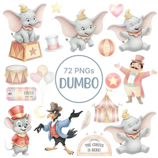 Dumbo Watercolor Clipart Bundle PNG, Dumbo Elephant Clipart, Blue Pink Children's Birthday Party Clipart, Cute Dumbo Characters PNG - Etsy