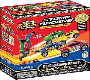 Stomp Racers Air Powered Race Cars by Stomp Rocket, 4 Car Mega Pack - Dueling Stomp Racers Toy Car Launcher - Fun Backyard & Outdoor Multi-Player Kids Toys Gifts for Boys, Girls & Toddlers