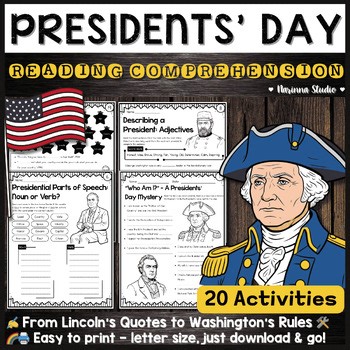 Presidents Day Reading Comprehension & ELA Activities: 20 No-Prep Worksheets!