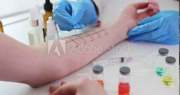 Allergy skin tests and prick test on patient skin in clinic