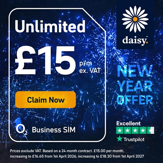 🚀 New Year Sale | Unlimited Business Mobile Data for £15.00/month Scale your business with Unlimited UK Data, Calls, and Texts on the award-winning O2 Network 🌐. Unbeatable value: 📶 Unlimited Data 🚀 📞 Unlimited Calls & SMS 🌍 Free EU Data Roaming 🌍 500 UK - EU Minutes 🛜 O2 Wi-Fi hotspot access 🎁 O2 Priority Exclusive rewards Unbeatable service: 🌐 O2 Award-winning network 🏆 Daisy Award-winning service New Year offer: Everything you need for just £15.00/month. Claim your SIM today 👇 Unl
