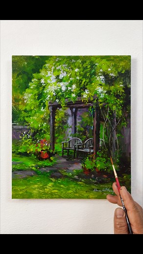 Beautiful "Garden Bench" Landscape Painting 🏡🪑🌳🌿🌼🌸/Acrylic on paper 🖌️ #easy #beautiful #landscape #paintings #AcrylicPainting #acrylic #art #paper #garden #park #bench #trees #greenery #flowers ##morning #peaceful #chill | Hamlet Shougrakpam Art