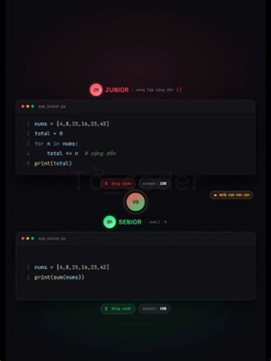 Junior vs Senior Python: Tính tổng List chỉ với sum() 🚀 #python #learnpython #laptrinh #junior #senior #it