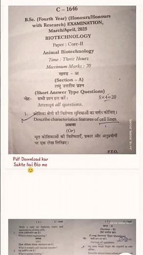 # Bsc 4 th year Animal Biotech (Biotechnology) Question paper 2025 # Madhya Pradesh Bu university