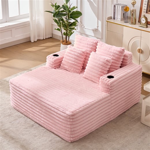 Oversized Chaise Longue Chair Indoor, Modern Upholstered Corduroy Deep Seat Sofa Bed with Throw Pillows and Armrests, Sleeper Sofa Couch for Living Room, Bedroom Apartment