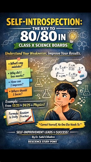ReScience Study Point on Instagram: "Self-Introspection: The Key to 80/80 in Class X Science Boards By Er. Sahil Chhabra Rescience Study Point Scoring 80/80 in Class X Science is not only about studying more — it is about understanding yourself better. The most powerful tool a student can use is self-introspection — the habit of honestly analyzing your strengths, weaknesses, mistakes, and progress. Many students keep studying the same way even when their results do not improve. But toppers regul