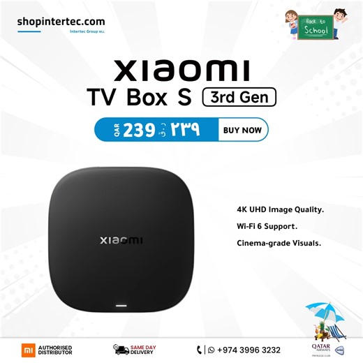 🎉 Big Screen Experience in a Small Box! Step into the world of ultra-clear visuals with the Xiaomi TV Box S (3rd Gen) – enjoy 4K UHD, seamless Wi-Fi 6 streaming, and cinema-like visuals from the comfort of your home. 🛋️🍿 💰 QAR 239 🛒shopintertec.com/products/xiaomi-tv-box-s-3rd-gen 📲 Call/WhatsApp: 974 3996 3232 🚚 Same-Day Delivery in Qatar #XiaomiQatar #TVBoxS3rdGen #SmartEntertainment #4KUltraHD #WiFi6Ready #StreamSmart #TechDealsQatar #QatarElectronics #BackToSchoolOffers #MiBox #Cinema