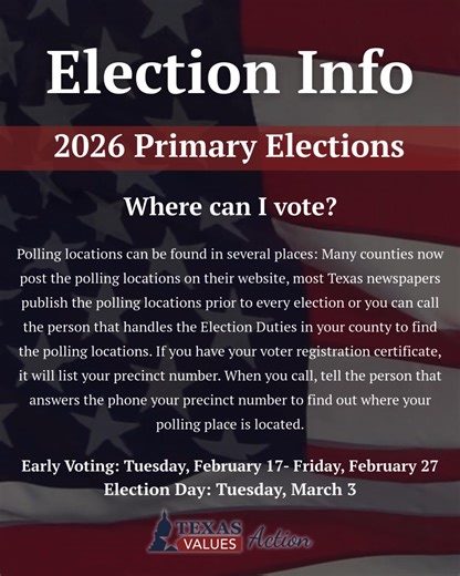 Where can I vote? 2026 Primary Elections Voting Started THIS WEEK! 📅 Early Voting: Tuesday, February 17th – Friday, February 27th Election Day: Tuesday, March 3rd ⭐ View a list of our endorsements here: https://buff.ly/rDR7ZxC ✅ Get your Texas Voters Guide here: freevotersguide.com 🚨 View available polling locations, hours of operation, and wait times at https://buff.ly/GgLslpN | Texas Values Action