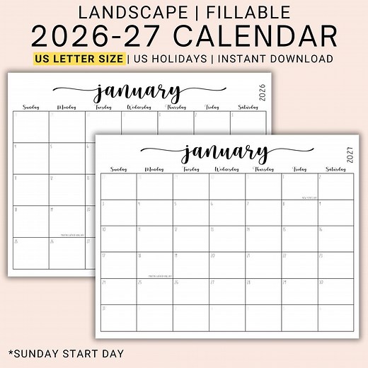 2026-2027 Editable Calendar PDF | Fillable Monthly Planner Pages | Landscape Layout | Printable Schedule Organizer | Digital Download |CFWNH - Etsy