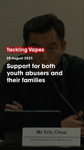 There will be support for youth abusers through the Youth Enhanced Supervision Scheme. The programme helps youths understand the harms of substance abuse, strengthen prosocial behaviours and equip them with skills to stay away from drugs. Family members and caregivers will also be involved in the rehab process. Senior Parliamentary Secretary for Social and Family Development & Law Eric Chua was speaking at a press conference on 28 August 2025. Visit www.gov.sg/stopvaping for more information. | 
