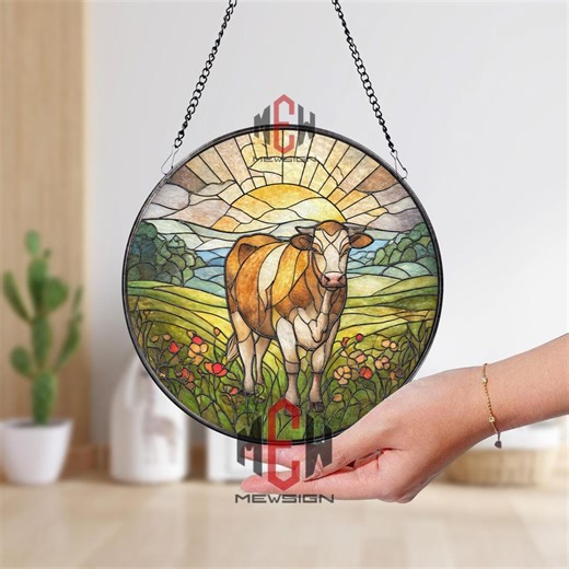 Cow Stained Glass Suncatcher Round Farm Sunset Window Hanging, Rustic Farmhouse Decor, Country Animal Art Gift - Etsy