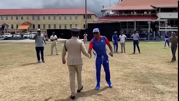 TOP COP BOWLS FIRST BALL: Commissioner Clifton Hicken bowling the first delivery to commence the Commissioner’s Cup T20 Cricket Competition Finals currently underway at the Police Sports Club Ground, Eve Leary. | Guyana Police Force