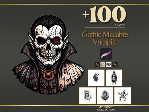Vampire Gothic Macabre Procreate Stamps & Photoshop Brushes – 100  Halloween Horror Dark Tattoo, Digital Art, Clipart, Line Art