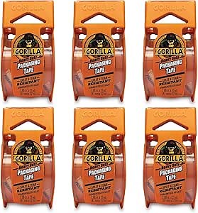 Gorilla Heavy Duty Packing Tape with Dispenser for Moving, Shipping and Storage, 1.88" x 25 yd, Clear, (Pack of 6)