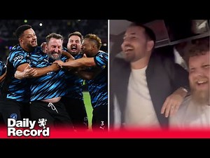 Tom Stoltman and Martin Compston celebrate Soccer Aid triumph