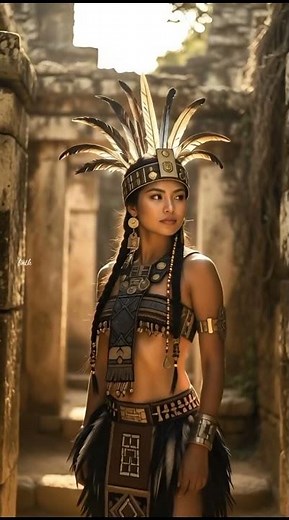 A young Aztec woman in ceremonial attire stands in an ancient temple ruin during golden hour.
