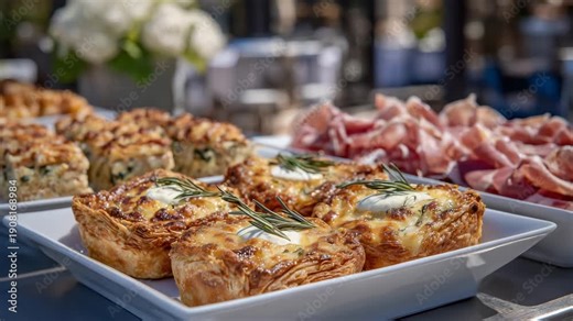 180Elegant party buffet display featuring gourmet finger foods, puff pastry sausage rolls with crisp layers, neatly cut mini sandwiches, rich quiche bites, and delicate prosciutto sli