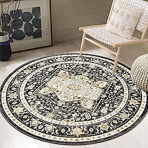 MUJOO Circle Rug 4ft,Black Round Area Rug Washable,Boho Circular Rugs for Bedroom Entryway Bathroom Living Room,Small Non Slip Throw Carpet Vintage Soft Black and Gold Floral