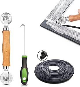 King&Charles Screen Repair Kit/Tool, Screen Roller Tool, Steel Roller with Bear, 32 ft Spline, Removal Hook, 3 in 1 Window Repair Kit, for Installing Door Window Mesh.
