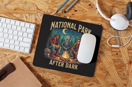 National Park After Dark Mouse Pad | Forest Campfire Scene With Alien, Bigfoot, and Camper - Etsy