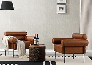 Mid Century Modern PU Leather Brown Accent Chairs with Arms, Comfy Tufted Oversized Armchairs Accent Chairs Set of 2 Clearance, Leisure Reading Arm Chairs Single Sofa for Living Room Bedroom Office