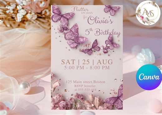 Butterfly Birthday Invitation Canva Template, Editable Party Invite, Pastel Watercolor Theme, Instant Download - Etsy Canada