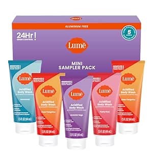 Lume Acidified Body Wash 5 Pack Minis - 24 Hour Odor Control - Moisturizing Formulated Without SLS & Parabens - 1.5 ounce Tubes (Clean Tangerine, Lavender Sage, Peony Rose, Toasted Coconut, Unscented)