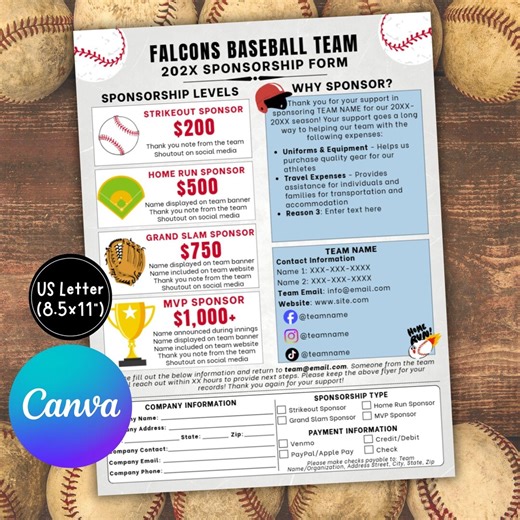 Baseball Sponsorship Flyer Template, Fundraiser Form, Sponsor My Season, Team Fundraiser, Travel Team, Canva, Sport Sponsor Sheet - Etsy