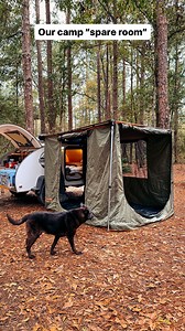 Yes, our teardrop trailer has a spare bedroom! Whether you want to camp with friends, or have bigger kids that have out grown your teardrop, an awning room is an awesome option to add more “living space” to your set up. With screened doors and a zip on floor, this room is fully enclosed for rainy weather 🌧️ or buggy areas 🦟 You can also utilize it as a changing area or even throw a casset toilet inside as a restroom. The room is 6.5’ x 8’ and attaches to the awning mounted on our camper. The w